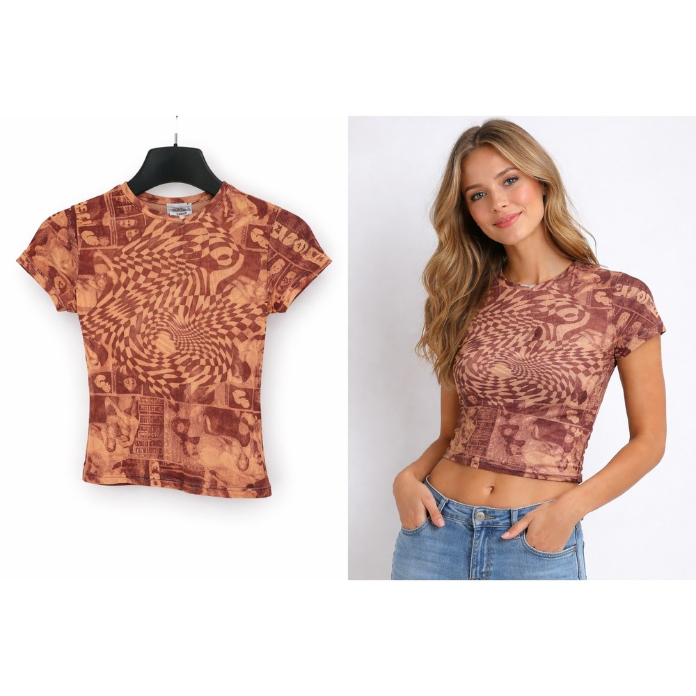 Miaou Mini Tee Womens Small Wanted Red NEW Mesh Optical Illusion Graphic Top